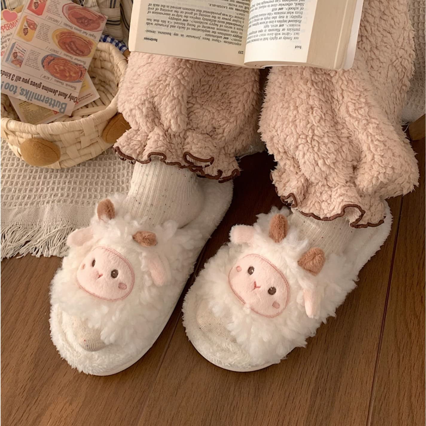 PIKADINGNIS Cute Sheep Plush Slippers For Women Big Ear Fluffy Slippers  2022 Winter Warm Plush Funny Slippers Girls Bedroom Home Slides