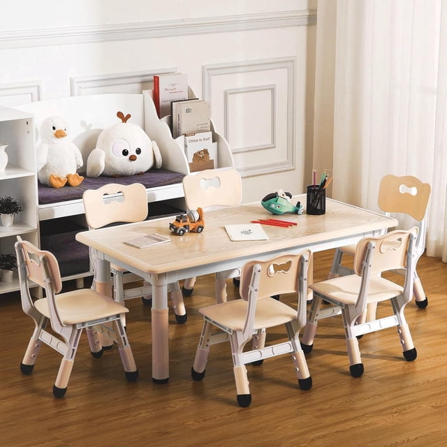 QinaQin Ensemble Table pour Enfants et 6 Chaises, Table d'Activités à Hauteur Réglable avec Plateau pour Graffiti