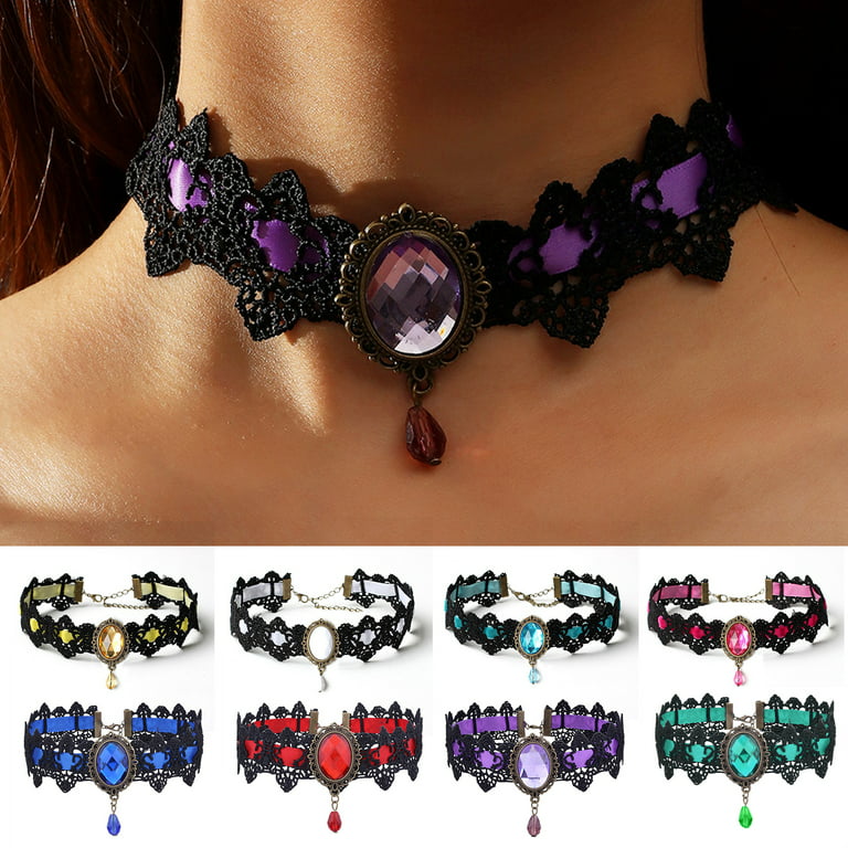 Kripyery Women Choker Gothic Vintage Braided Aesthetic with Faux Gemstone  Dress Up Gift Ladies Punk Lace Stitching Clavicle Necklace Trendy Jewelry
