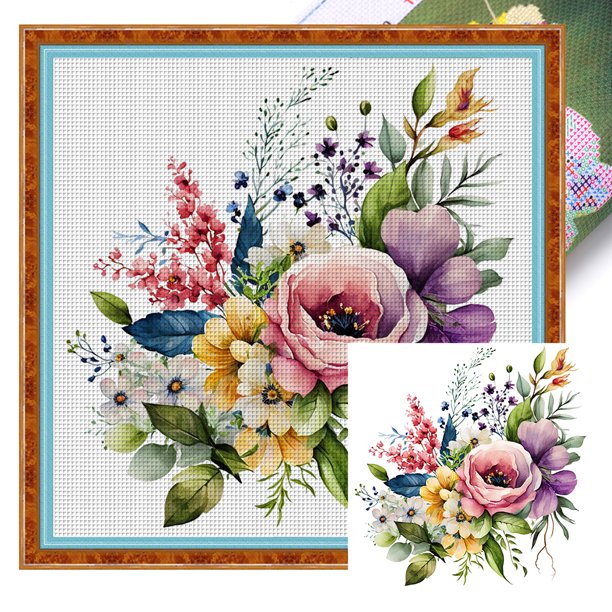 Hilo Algodón Bordado Punto Cruz Flores Acuarela Con 11CT 45x45cm