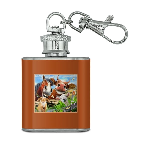 Funny Farm Selfie Cow Horse Rabbit Sheep Stainless Steel 1oz Mini Flask Key Chain