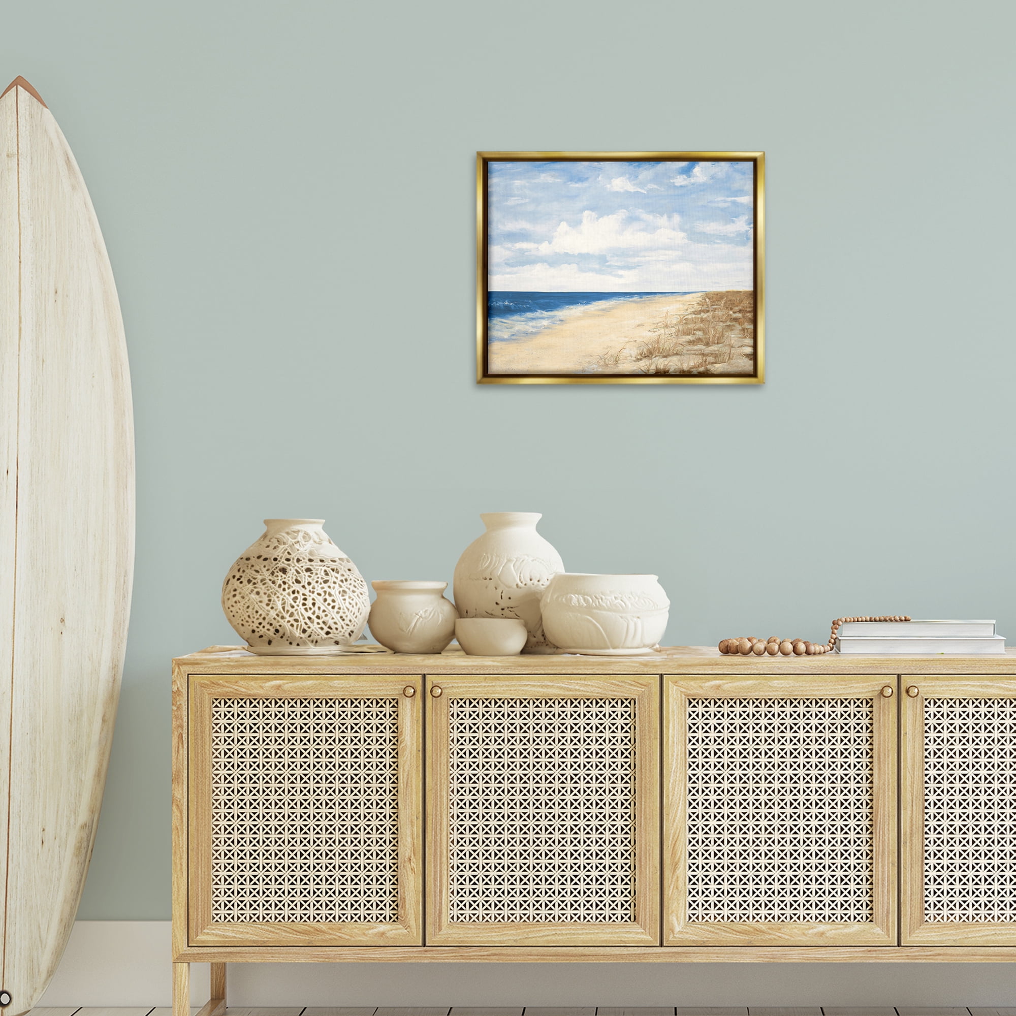 Stupell Industries Calm Beach Painting Coastal Painting Gold Floater Framed Canvas Art Print Wall Art, 21 x 17