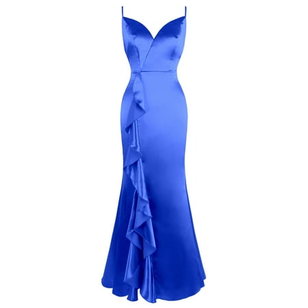 

Angel-fashions Women s Spaghetti Strap V-Neck Lace up Back Ruffle Trim Front Satin Evening Party Long Dress Elegant Slit Thigh Backless Wedding Bridesmaid Gown Blue X-Large