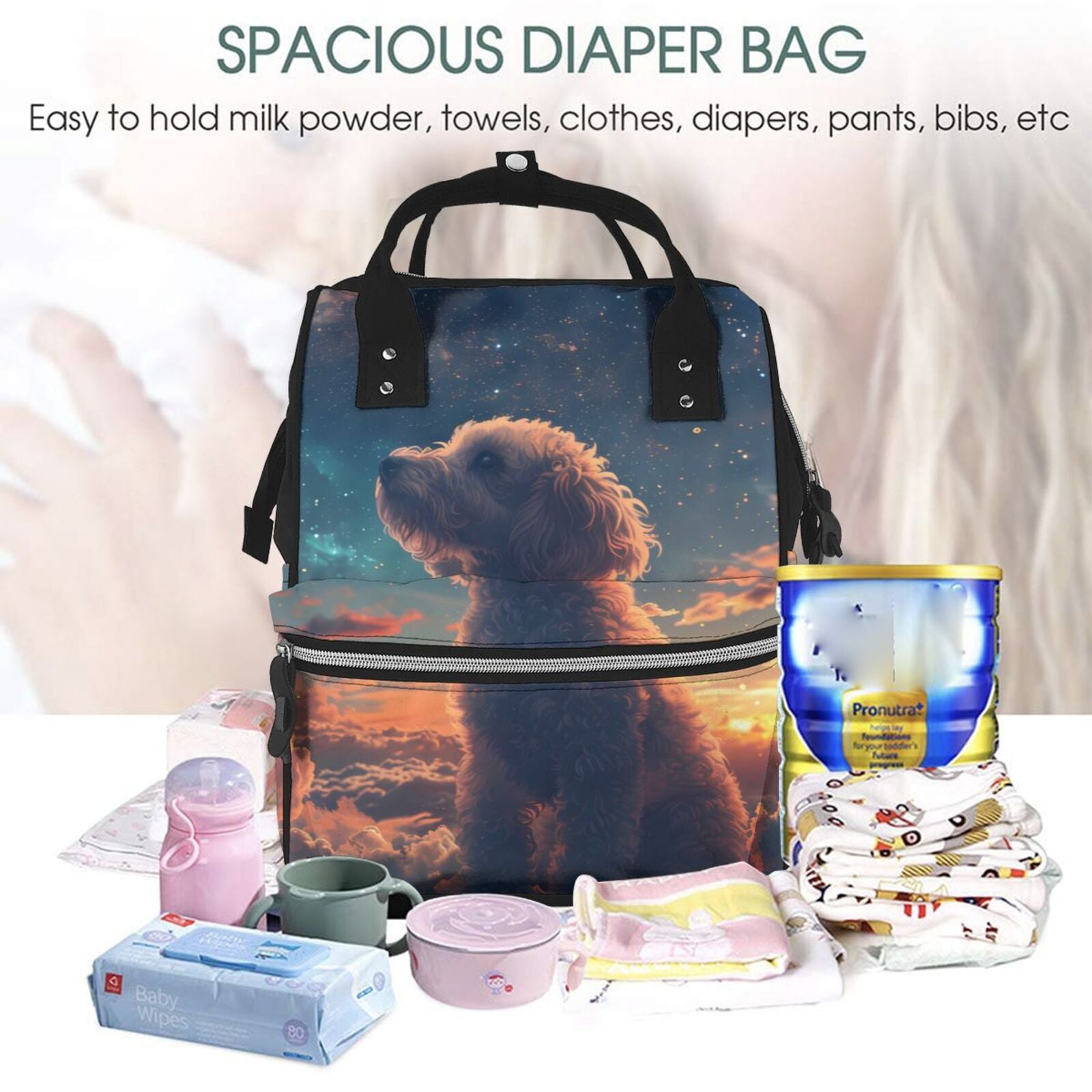 Fuzoiu Starry Sky Cloud Puppy Print Diaper Bag Backpack,Baby Essentials Travel Tote,Multi function Waterproof Diaper Bag, Travel Essentials Baby Bag - Unisex