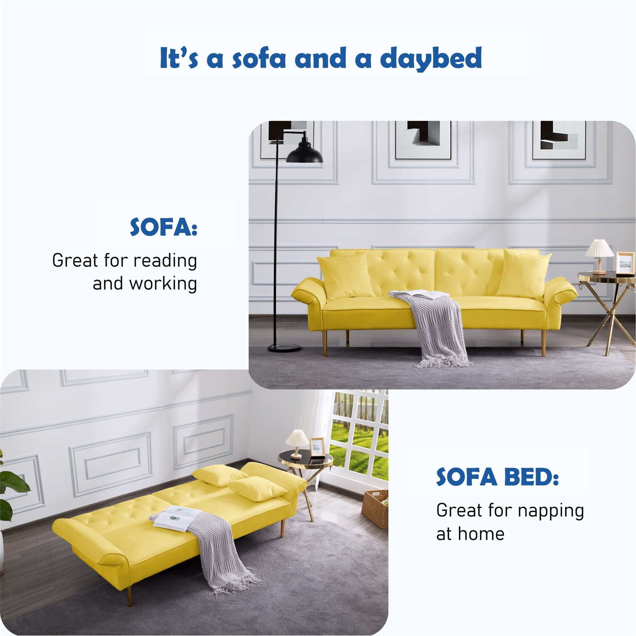 Aukfa 84" Wide Velvet Futon Convertible Sofa for Living Room, Folding Arm, 2 Pillows, Yellow