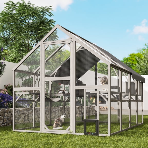 Mayincolor Extra Large Catio – Walk-in Outdoor Cat Enclosure for Multiple Cats, 110" Multi-Level Wood Cat Patio Playpen with Weatherproof Roof, Bridges, Condos and Door Access