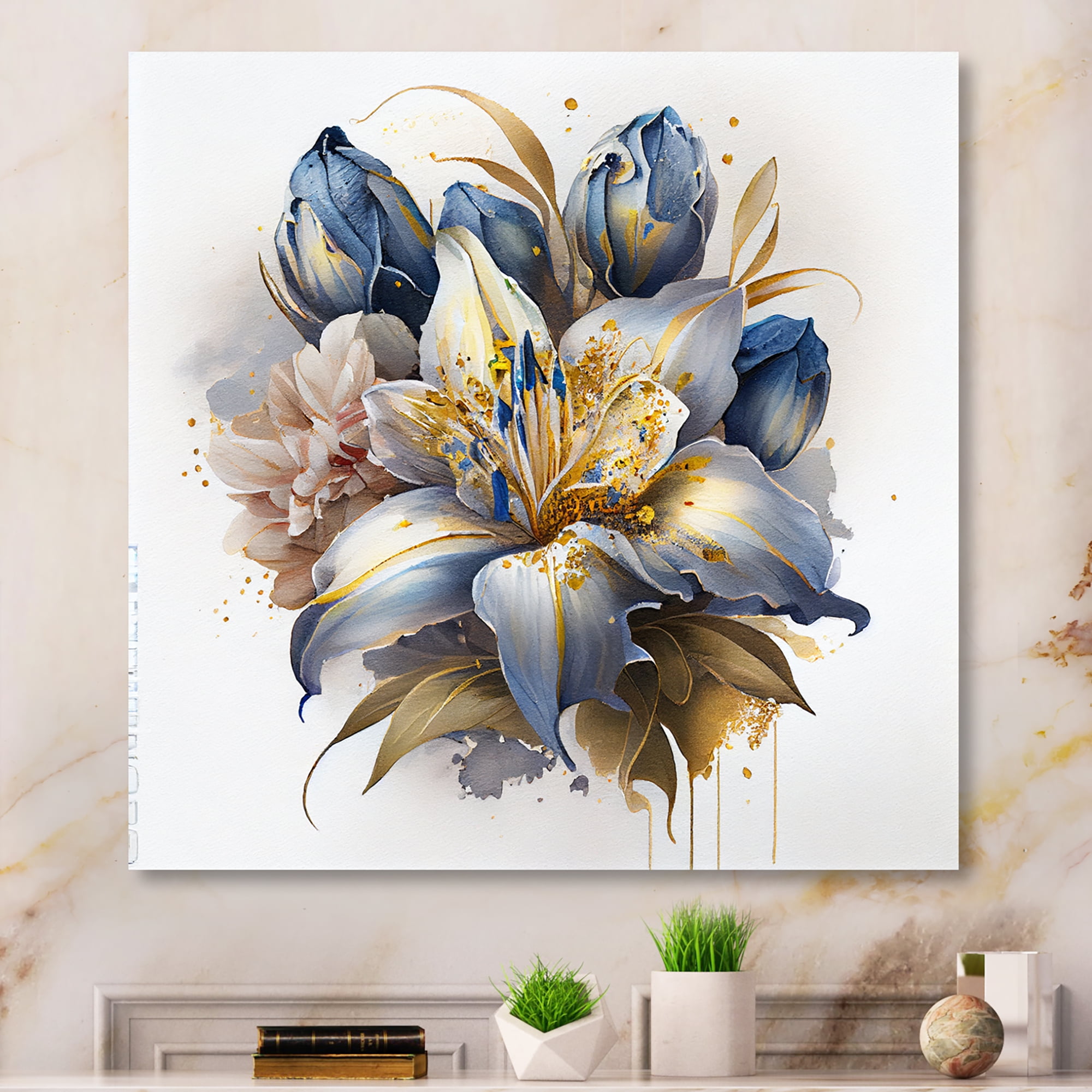 Designart Gold And Blue Lily Bouquet III Canvas Wall Art