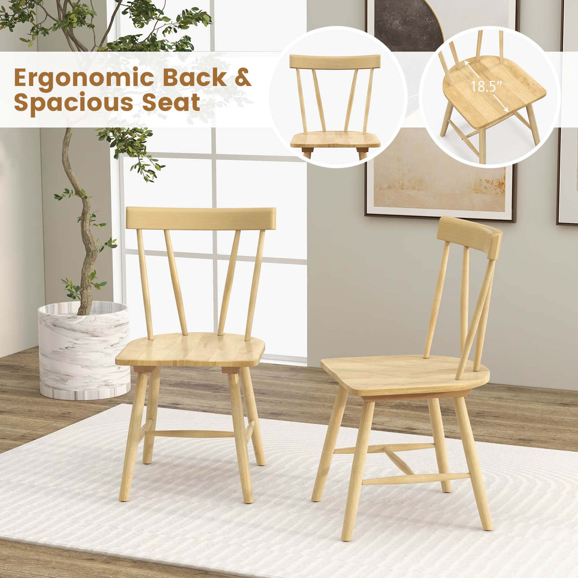Costway Dining Chairs Set of 2 Windsor Chairs Wood Armless Chairs with Solid Rubber Wood Natural