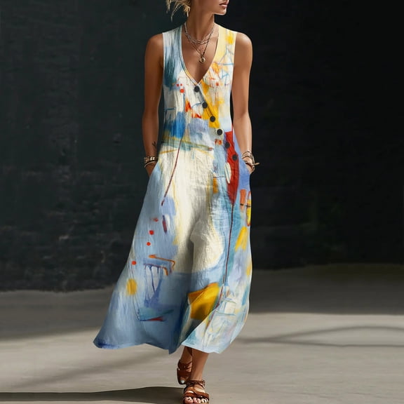 Axiiglly Summer Dresses for Women 2026 Floral Print V Neck Sleeveless Boho Vacation Flowy Maxi Sundresses with Pockets, S-3XL