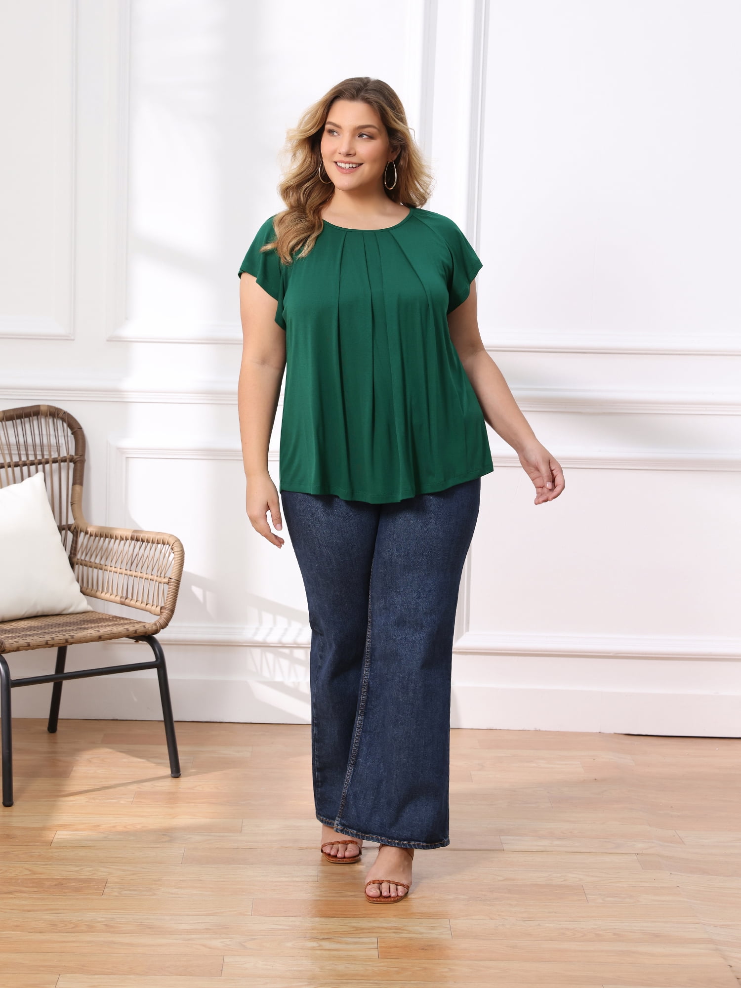 Women's Plus Summer Blouse Pleated Ruffle Sleeve Round Neck Loose Tops 3X Dark Green