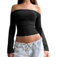 thumbnail image 3 of Y2k Camiseta sexy con hombros descubiertos, Top corto de manga larga sin tirantes, blusa recortada ajustada, ropa informal para salir, 3 of 5