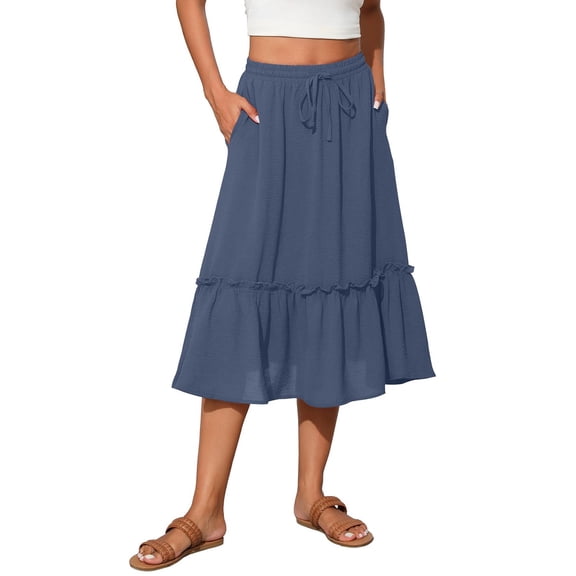 Women’s Midi Skirt with Elastic Waistband Drawstring Ruffle Hem Flowy Lightweight Casual Skirt with Pockets for Daily Wear Sky Blue 2XL