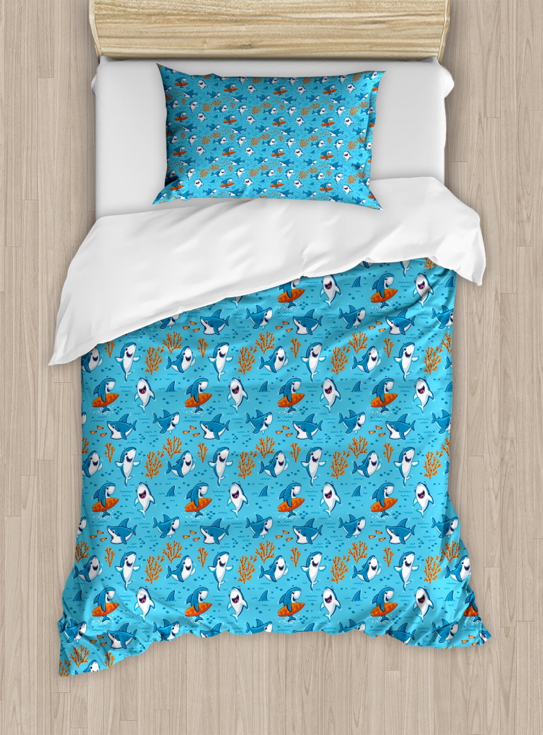 Shark Duvet Cover Set Twin Size, Underwater Fantasy World with Funny