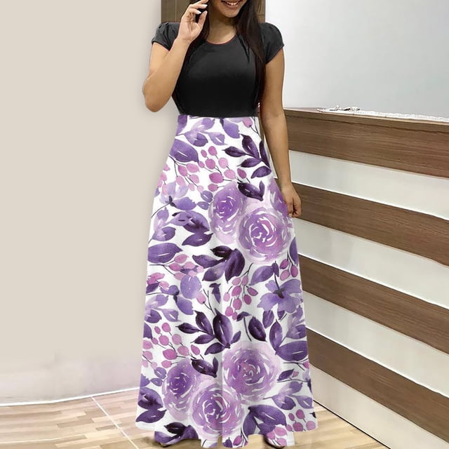 SMihono Robe Maxi Bohème d'Été pour Femmes Grande Taille Robe d'Été Colorée à Imprimé Floral Manches Courtes Robes de Plage Décontractées Maxi Robe de Plage
