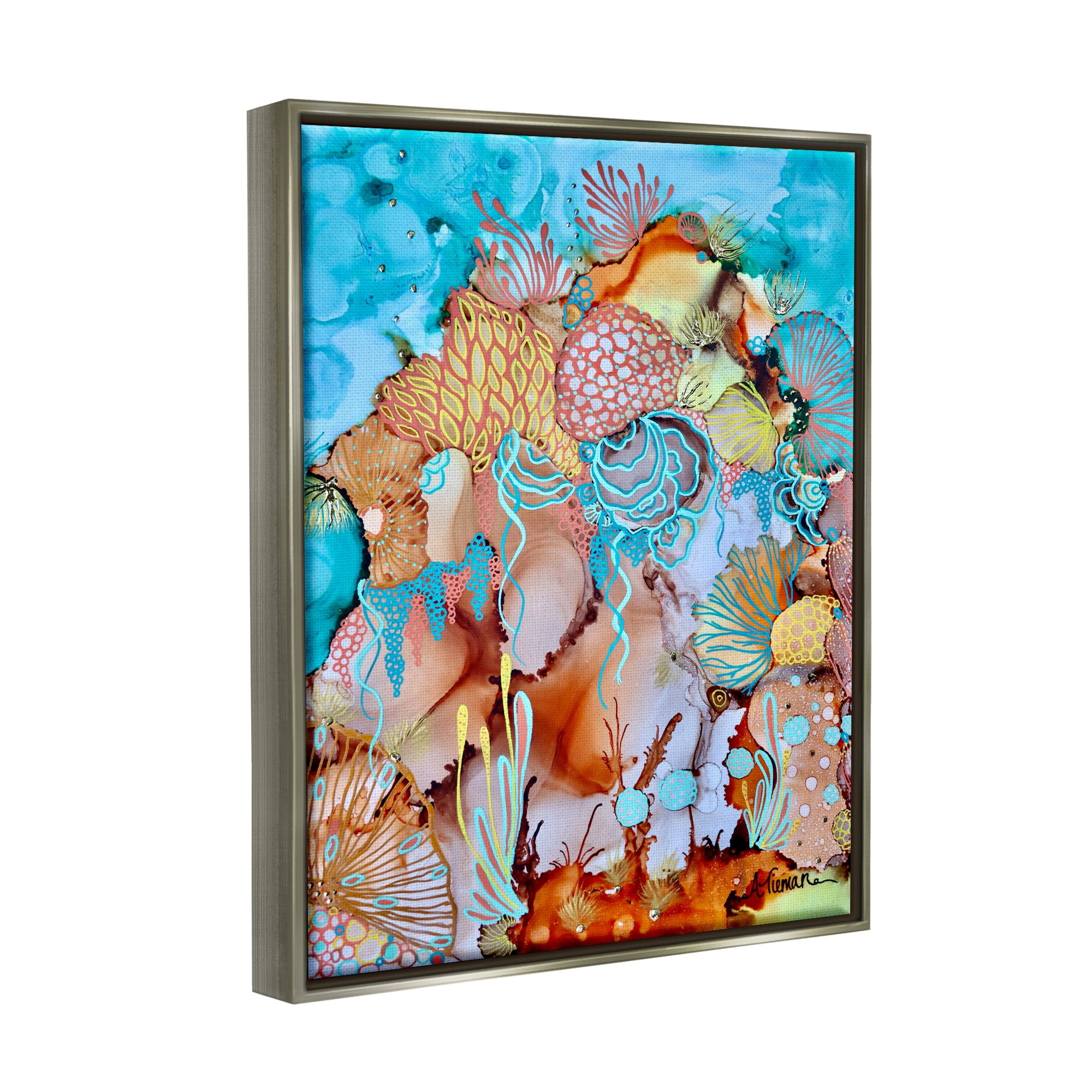 Stupell Industries Abstract Coral Reef Pattern Abstract Painting Gray Floater Framed Canvas Art Print Wall Art, 17 x 21