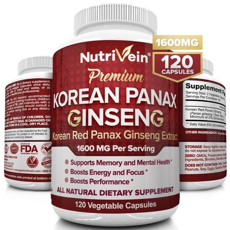 Nutrivein Pure Korean Red Panax Ginseng 1600mg - 120 Vegan Capsules - High