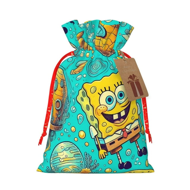 Zufioo SpongeBob SquarePants Print Christmas Drawstring Gift Bags, Holiday Party Packaging Bags, Suitable for Holiday Gift Decorations-Medium