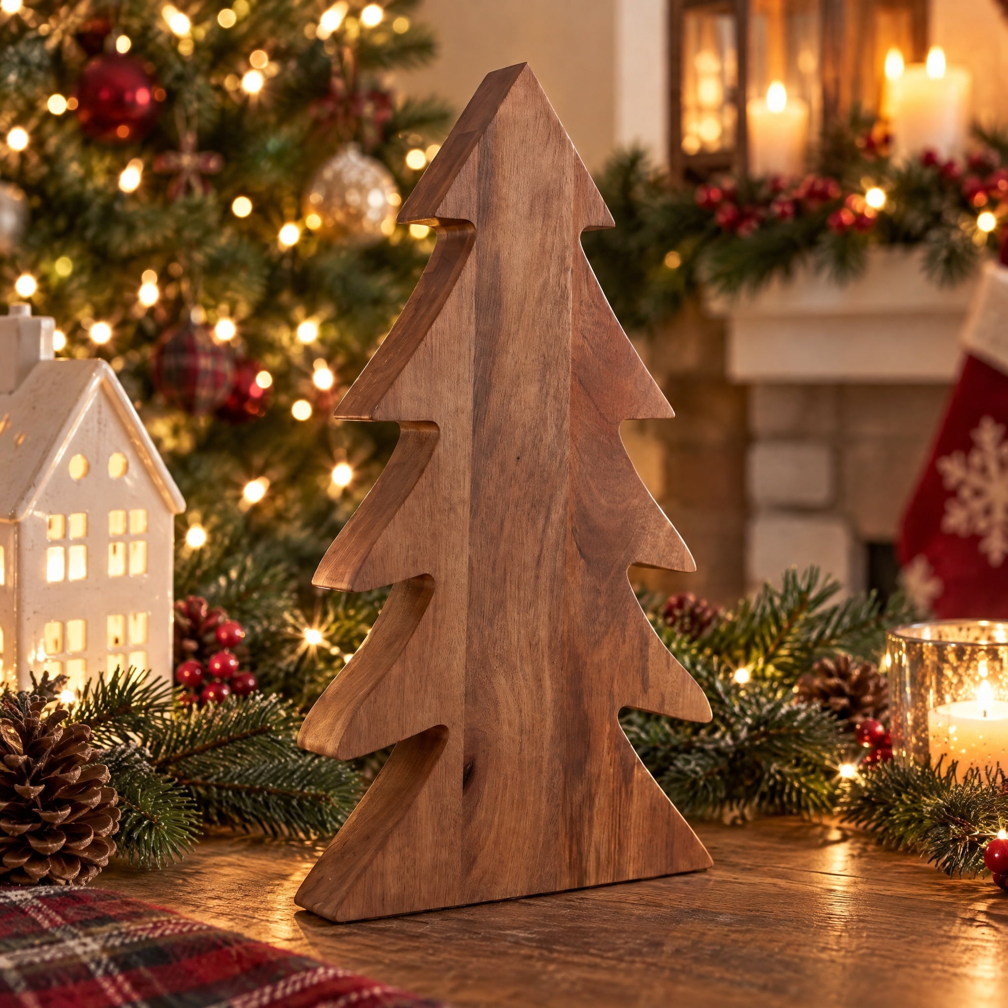 Holiday Time Wood Decorative Christmas Tree, Dark Natural Finish, Outdoor Porch Decor, 24 in