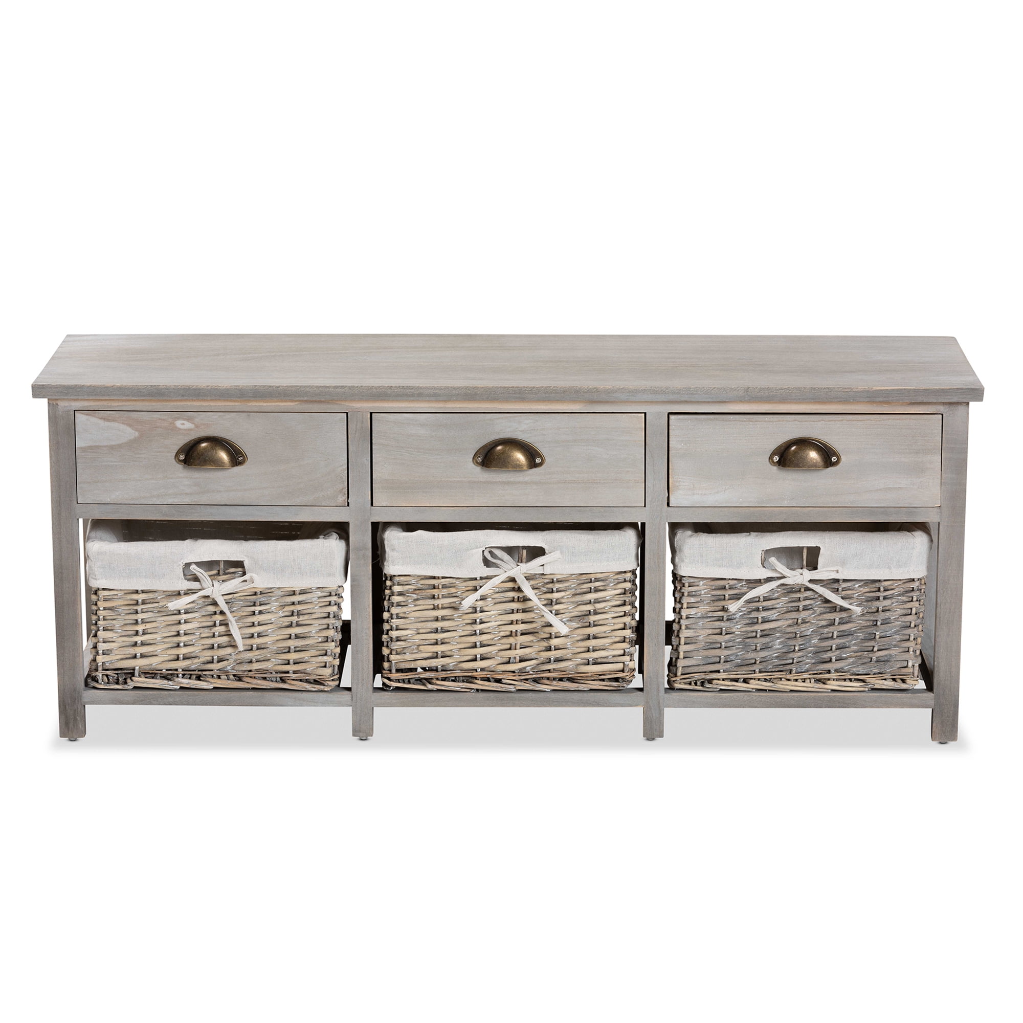 Baxton Studio Mabyn 3 Drawer, 3 Basket Wood Bench, Natural