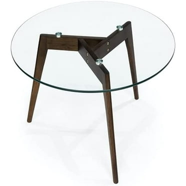 Round Tempered Glass End Table, Round Mid Century Coffee Table, Minimalist Small Coffee Table for Small Spaces Living Room Office, with Triskele Walnut Wood Legs (23.6" D x 17.7" H)