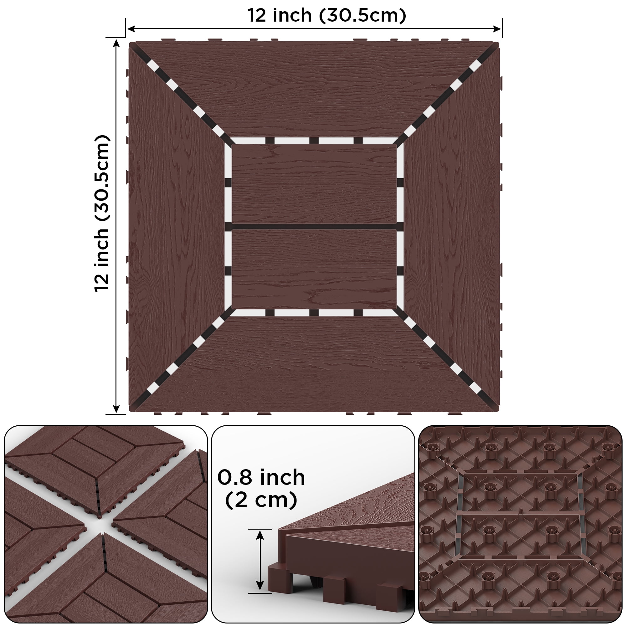 12 Inch Balcony Deck Tiles 44 Pieces Brown DIY Interlocking Floor Tiles PP Indoor Outdoor Patio Tiles for Poolside Balcony Backyard Easy Quick Installation