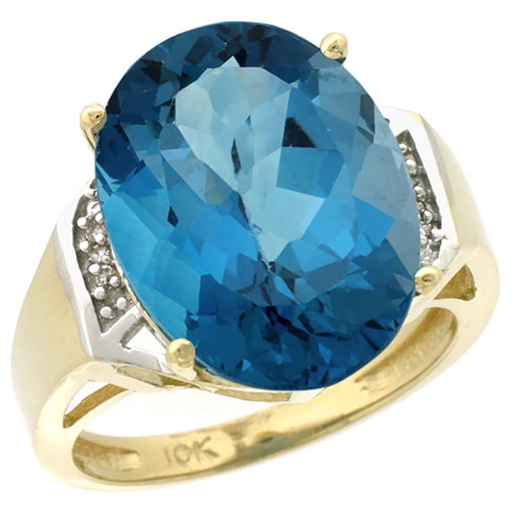 14K Yellow Gold Diamond Natural London Blue Topaz Ring Oval 16x12mm, size 5
