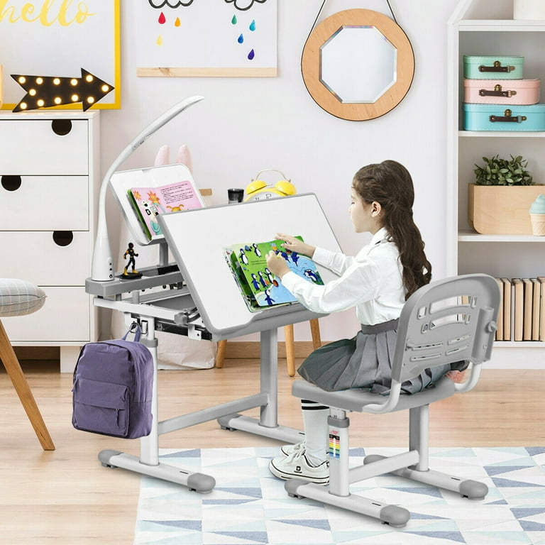 Gymax Height Adjustable Kids Desk Chair Set Study Drawing w/Lamp