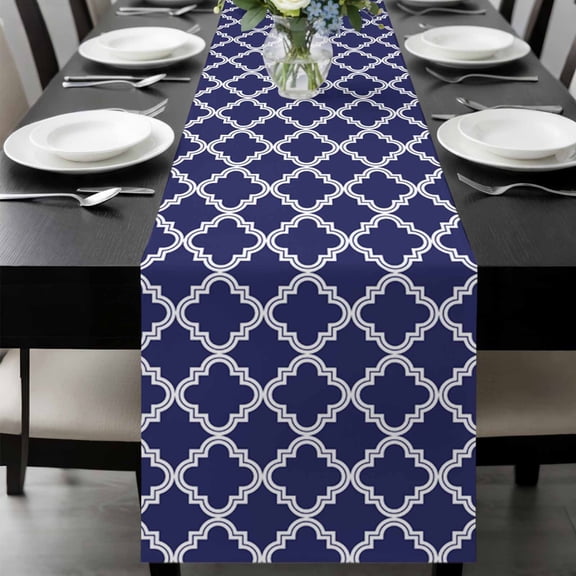Quatrefoil Moroccan Pattern Table Runner 72 Inches Long, Geometric Blue Morocco Kitchen Coffee Dining Table Decoration for Home Party Birthday Wedding Home Decor 13x72 Inches