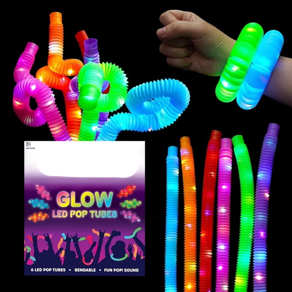 BESTSKY 6Pk Led Light Up Pop Tubes 25"- 3 Mode Stretchy Tubes Led Light Up Toys Bulk Glow Sticks Party Favors for Kids Necklaces Bracelets Neon Glow in the Dark Supplies Fidget Sensory Tube Pack