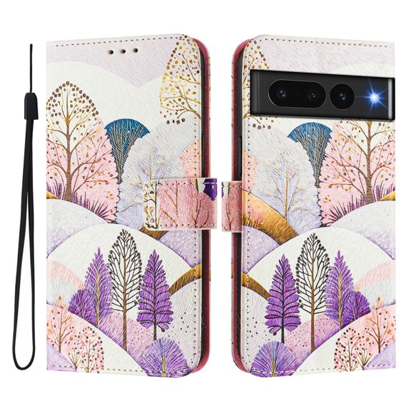 Compatible for Google Pixel 7 Pro Wallet Case, Painting Pattern Premium PU Leather [Credit Card Holder] [Wrist Strap] Flip Stand Feature Purse Case Full Protective Pattern Cover, Landscaping