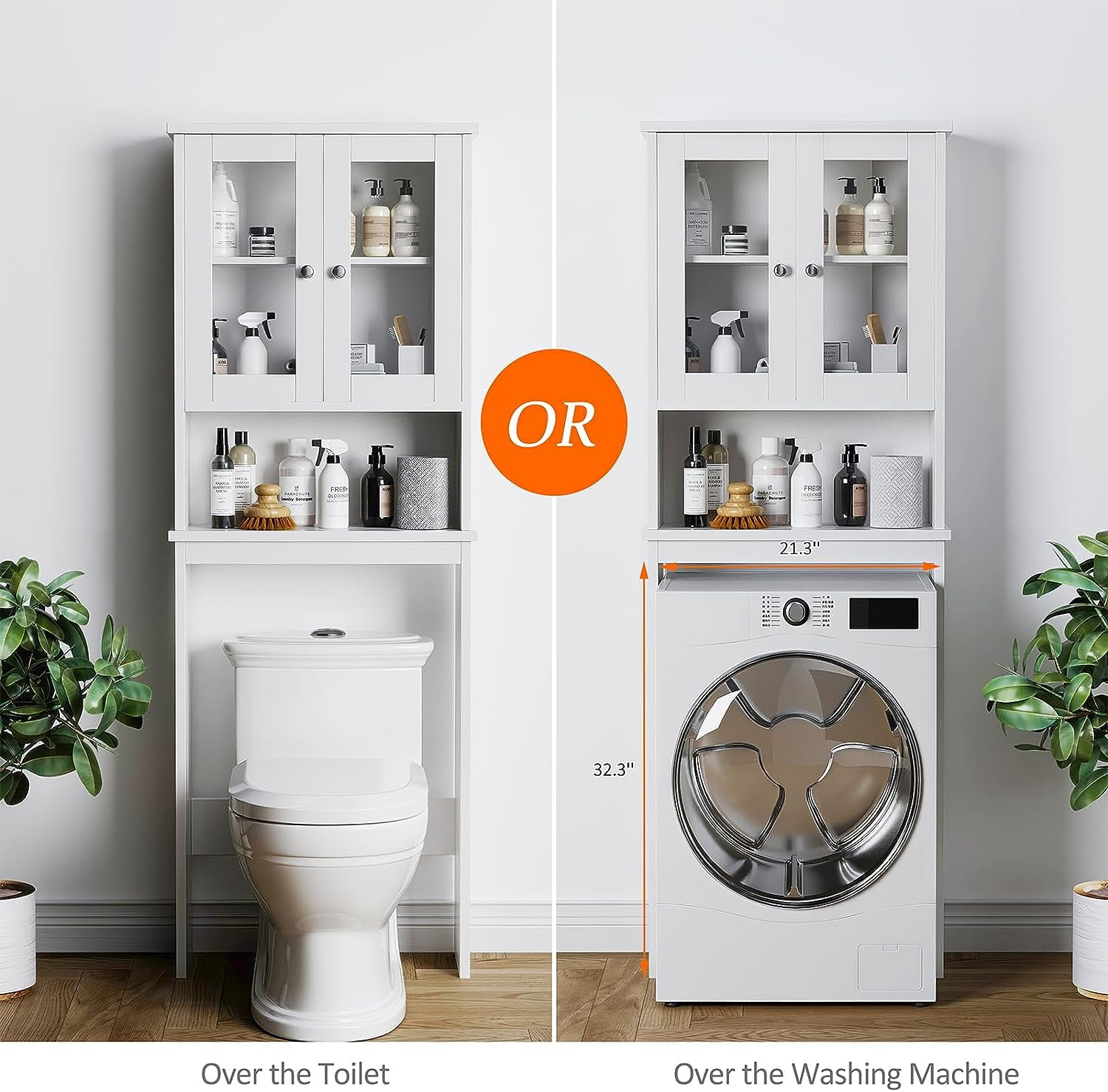 Sobaniilo Over The Toilet Storage Cabinet for Bathroom, Storage Organizer Over Toilet, Space Saver with Tempered Glass Doors, White