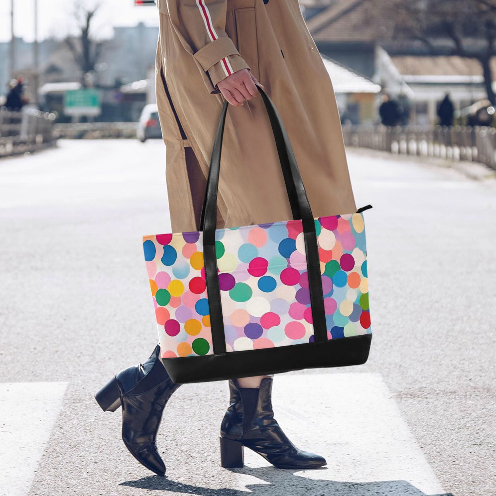 FORMRS Canvas Laptop Tote Bag for Women with 15.6" Computer Compartments Shoulder Handbag, Light Colorful Circles