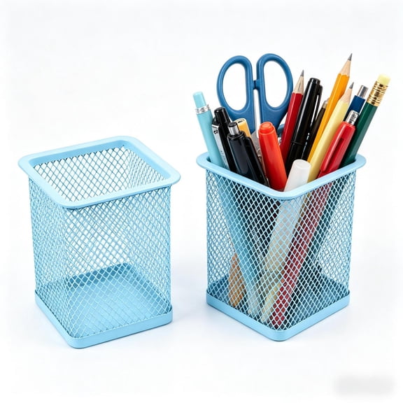 Metal Mesh Pen Holder for Desk Pencil Cup Holder Pen Organizer for Classroom, Office, Home,Makeup,Art (2 Pcs,Sky Blue)