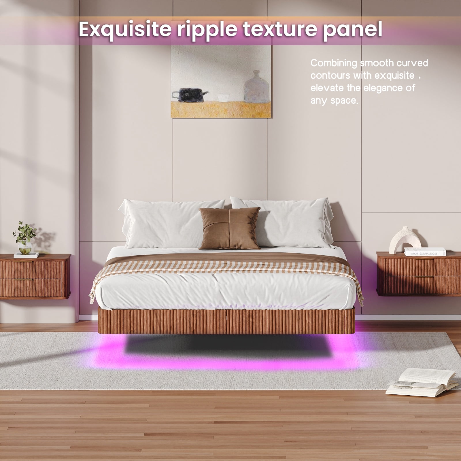Floating Bed Frame, Queen Size Bed Frame with LED Lights, Wave Curve Wood Texture Bed, Metal Slats No Box Spring, Walnut Finish