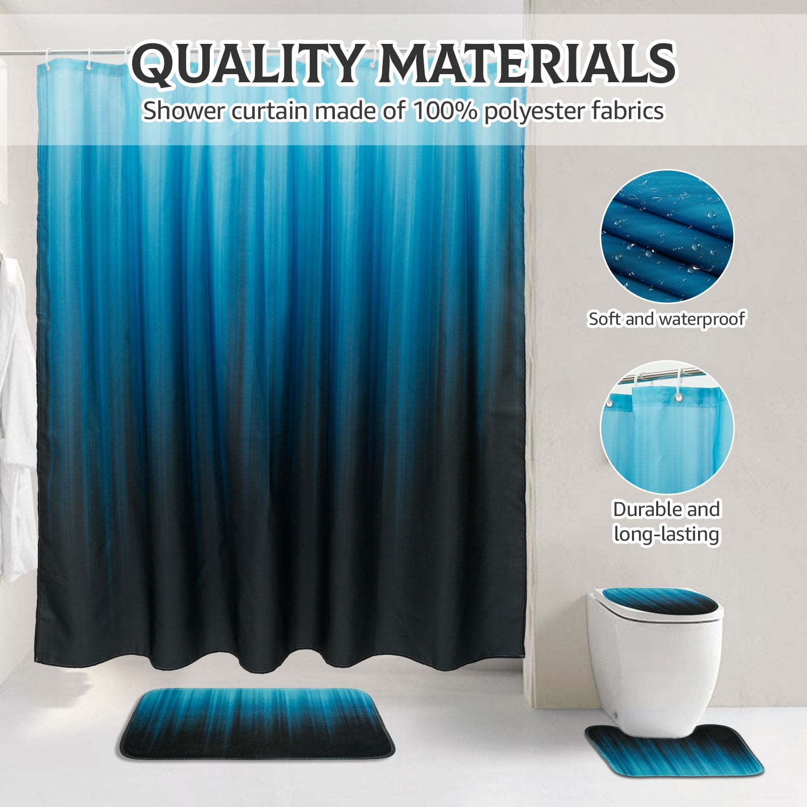 Dznils Black and Teal Ombre Shower Curtain Set with Rug, 16pc Modern Bathroom Decor Set, 72" x 72"