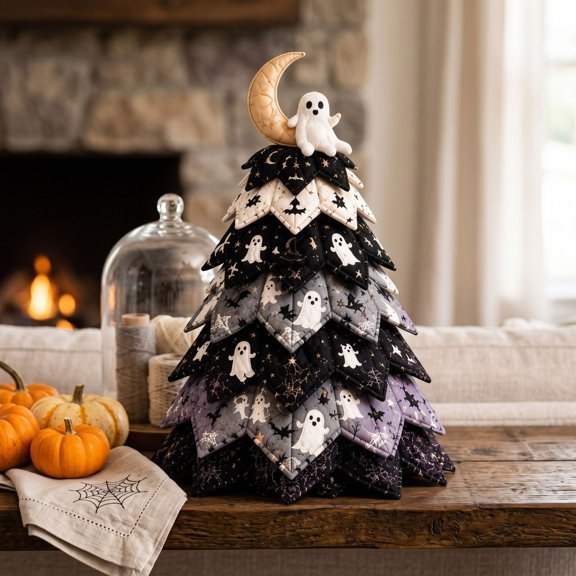 Halloween Quilted Fabric Tree Kit, DIY Quilting Fabric Halloween Decorations, Rustic 3D Carft kit Durable Gothic Home Horror Decor for Desk, Mantel, Shelf