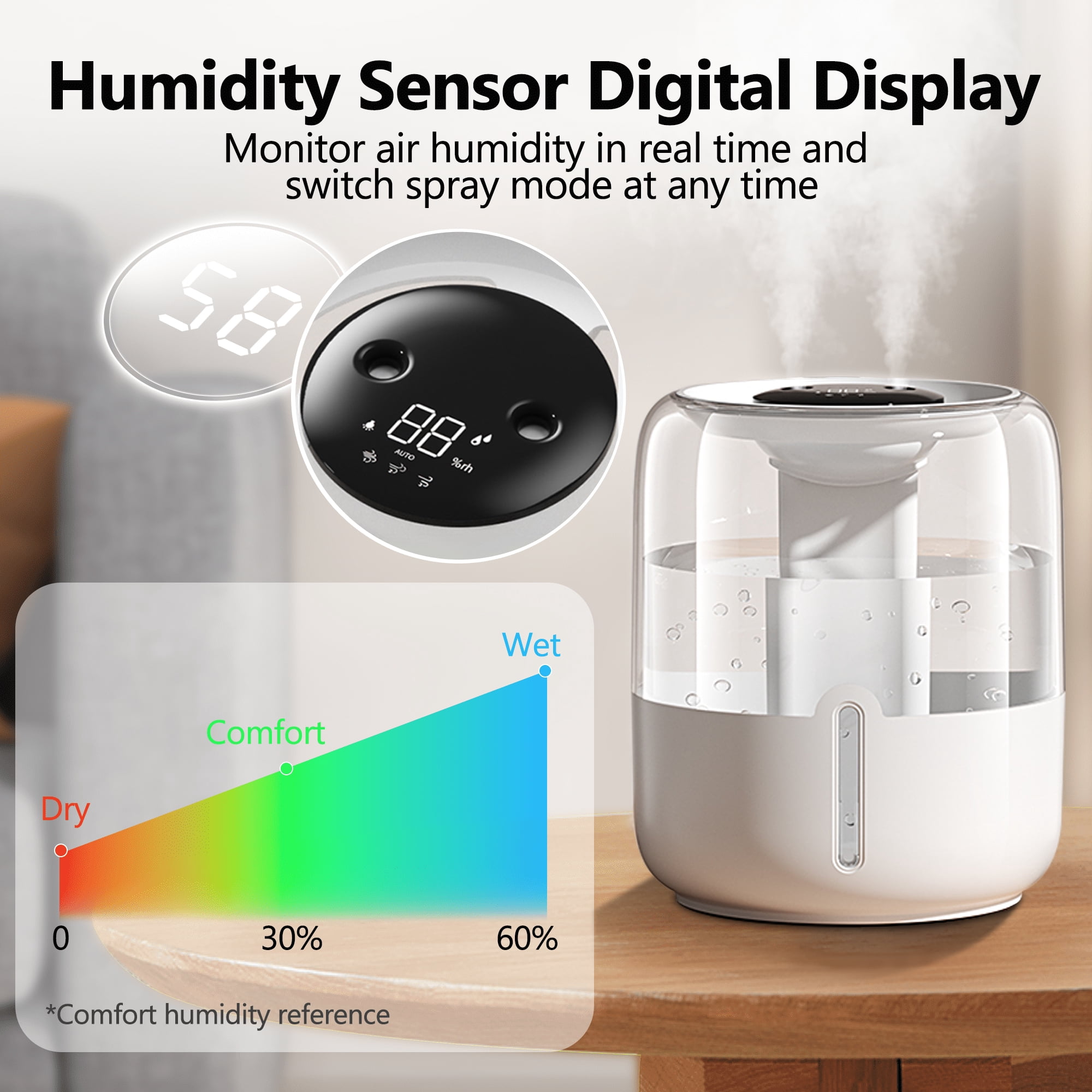 6.8L Whisper-Quiet Night Light Humidifier, Digital Display & Custom Humidity Control for Bedroom Office Home