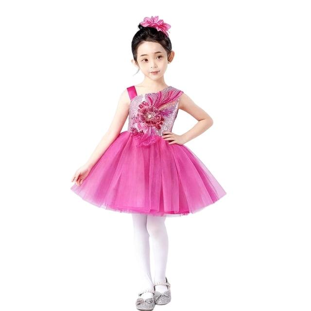 Vestido de cuello redondo sin mangas para niñas, falda de gasa de poliéster para actuación de princesas y danza de flores.
