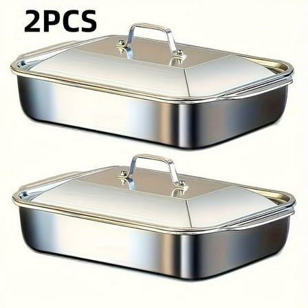 4 - Piece Stainless Steel Baking Pan Set - 2 Deep Dishes, 2 Lidded Pans. 1.59gal Capacity, 16.14" Deep. Versatile Use. Dishwasher Safe. Ideal Father's Day, Christmas, Thanksgiving Gift