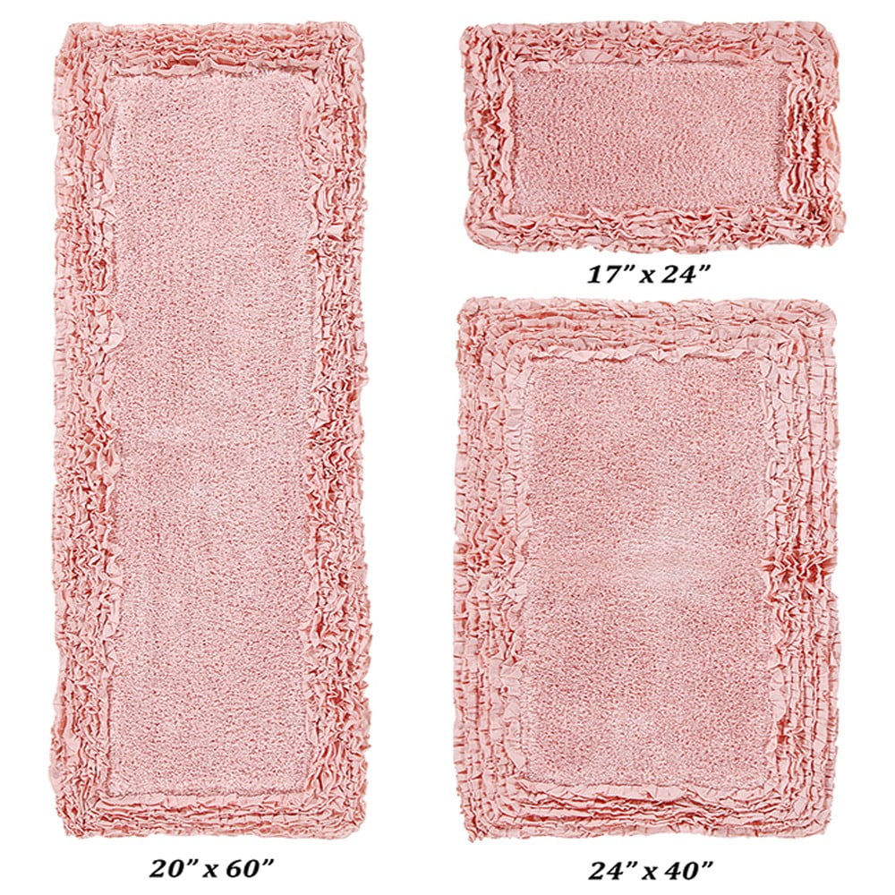 Better Trends 3 Piece Bathroom Rug Set 100% Cotton, Extra Soft, Water Absorbent & Non Slip Bath Mat, Ruffle Border, (Pink) Shaggy Border Collection
