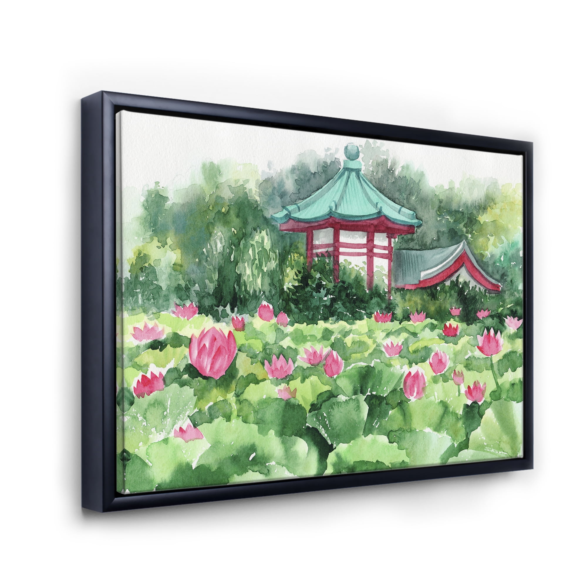 Designart 'Pagoda and Lotus Lake' Traditional Framed Canvas Wall Art Print