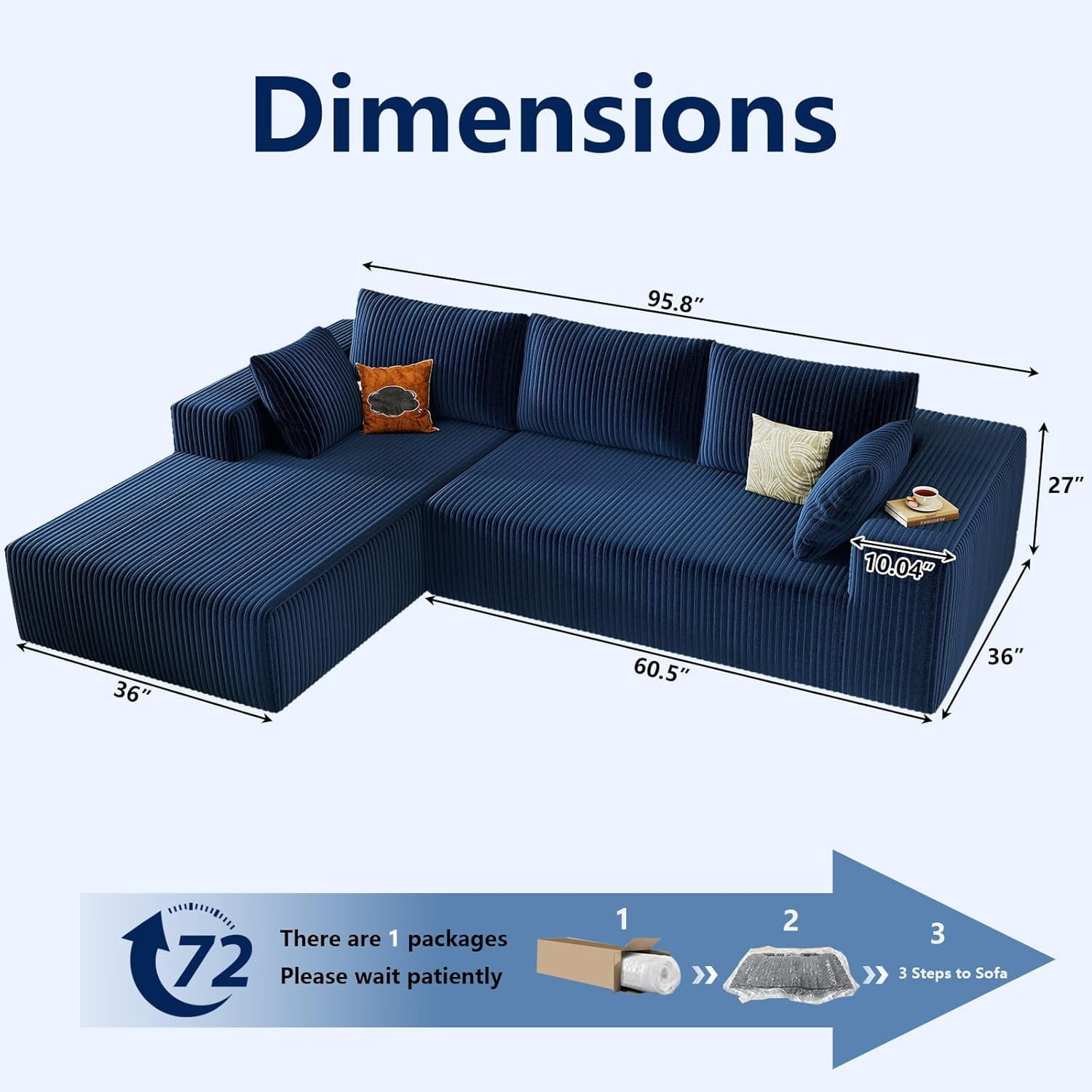 96-inch Modern Cloud Couch, L-Shaped Corduroy Sectional Sofa with Chaise, No Assembly Required, Deep Seating Modular Sofa for Living Room,Blue