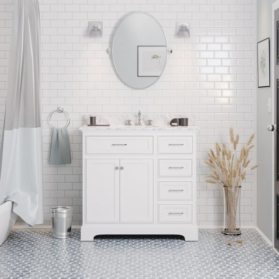 Aria 36" Bathroom Vanity with White Cabinet and Carrara Marble Top