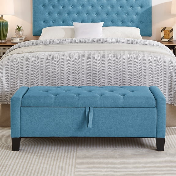 Nmkwnr Linen Upholstered Storage Bench with Wood Frame, Rectangle Storage Ottoman for Bedroom, Living Room, Light Blue