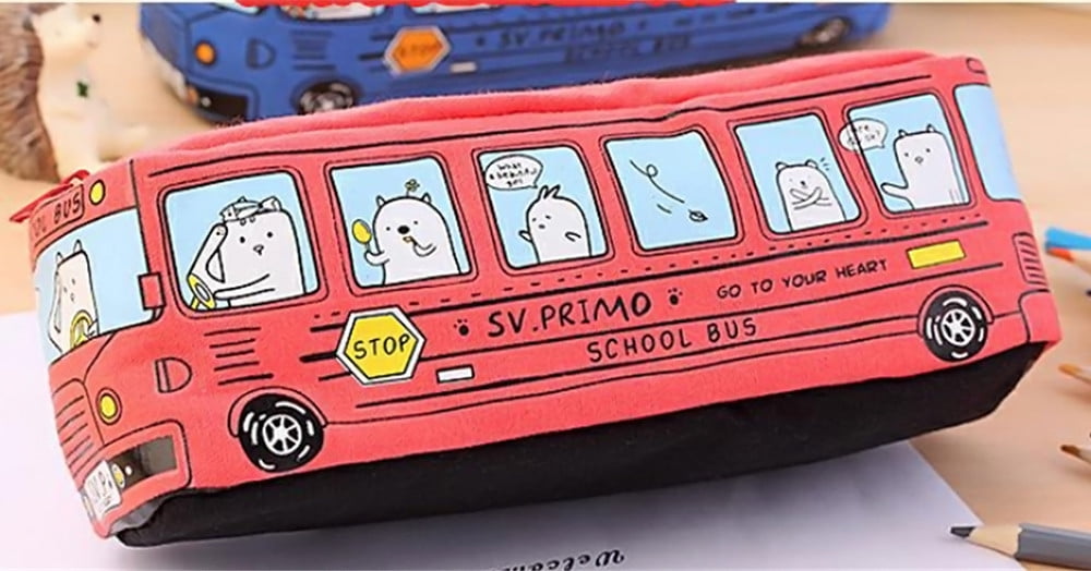 Students Kids Cats School Bus Pencil Case Bag Office Stationery Creative Bag 