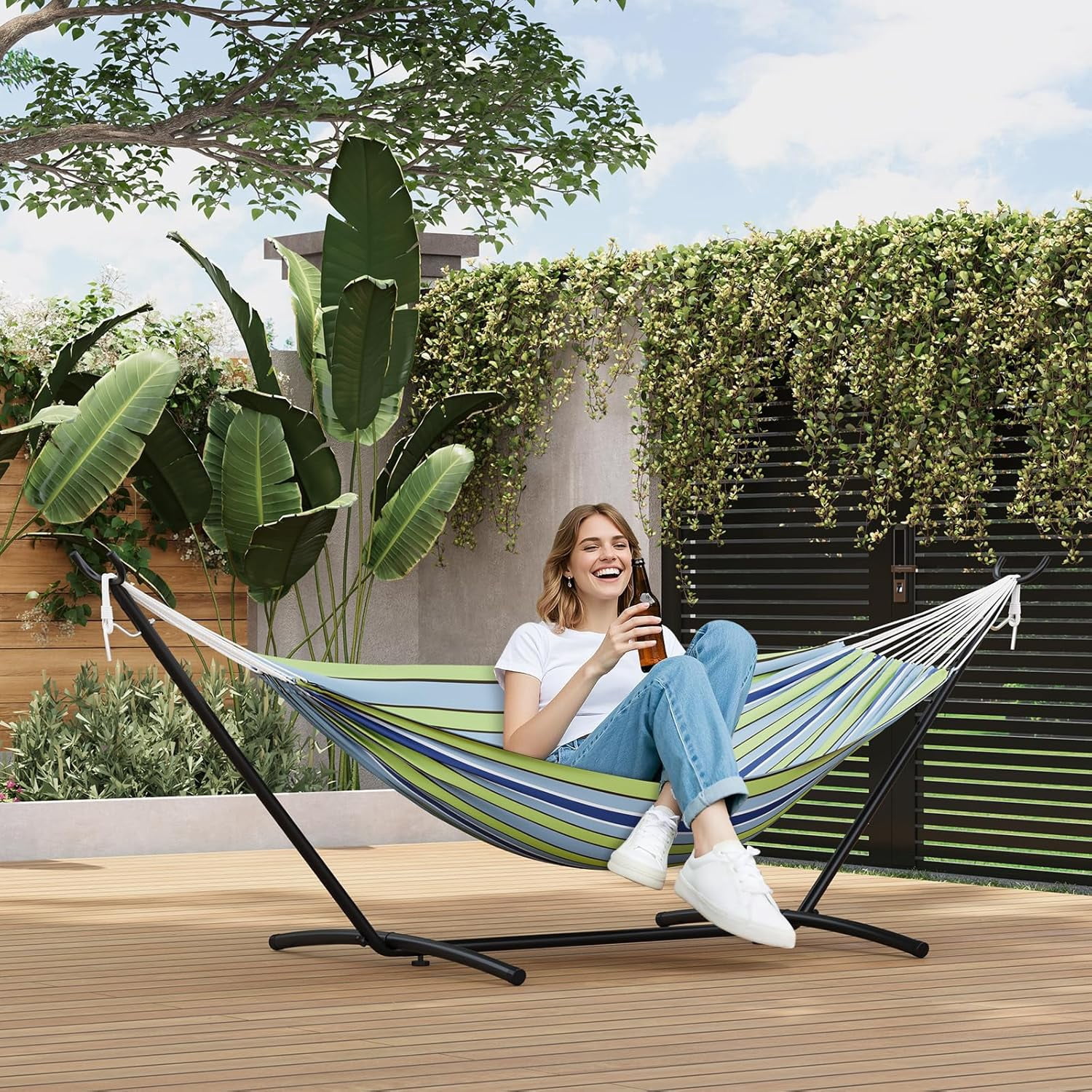 IdealHouse Double Hammock with Stand, 2 Person Cotton Rope Design, 450 Lbs Capacity, Includes Reversible Quilted Pad and Pillow, Hardwood Spreader Bars for Backyard Patio Outdoor