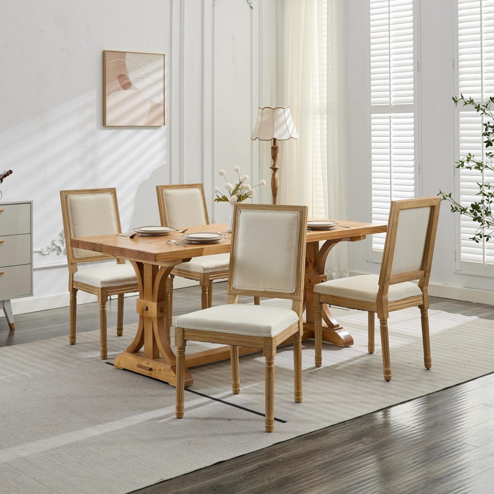 French Dining Chairs Set of 2, Louis Style Upholstered Chairs with Square Backrest, Carved Solid Wood Frame, Linen Fabric, Beige