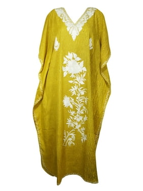 Mogul Women Yellow Maxi Caftan Dress Bohemian Summer Loose Cover Up Floral Embroidered Long Dresses XL