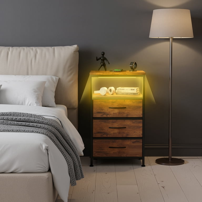 edx Nightstand with Charging Station and LED Strips, Rust Brown photo 3