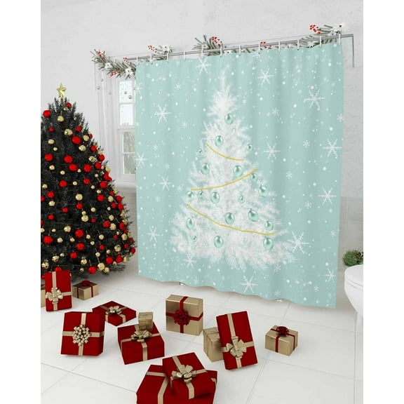 Teal Christmas Tree Shower Curtain, Snowflake Xmas Tree Waterproof Polyester Fabric Winter Bathtub Curtain, Turquoise Balls Christmas Bathroom Decor Set with Hooks 72 x 72 Inches